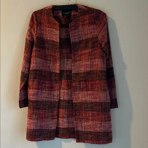 Christian Soriano  Red and Brown Plaid open front coat.  pockets.